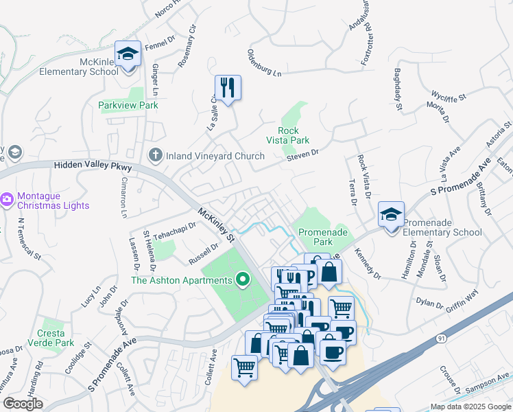 map of restaurants, bars, coffee shops, grocery stores, and more near 2265 Indigo Hills Drive in Corona