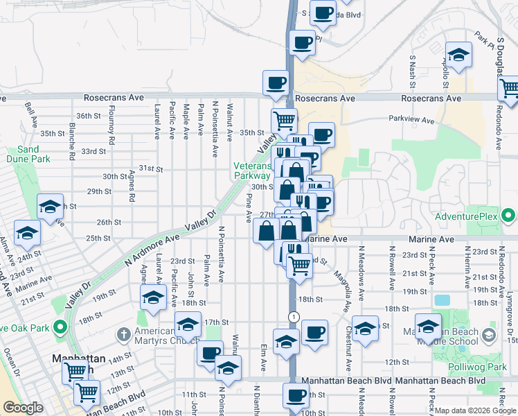 map of restaurants, bars, coffee shops, grocery stores, and more near 2711 Elm Avenue in Manhattan Beach