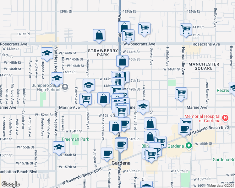 map of restaurants, bars, coffee shops, grocery stores, and more near 14901 South Western Avenue in Gardena