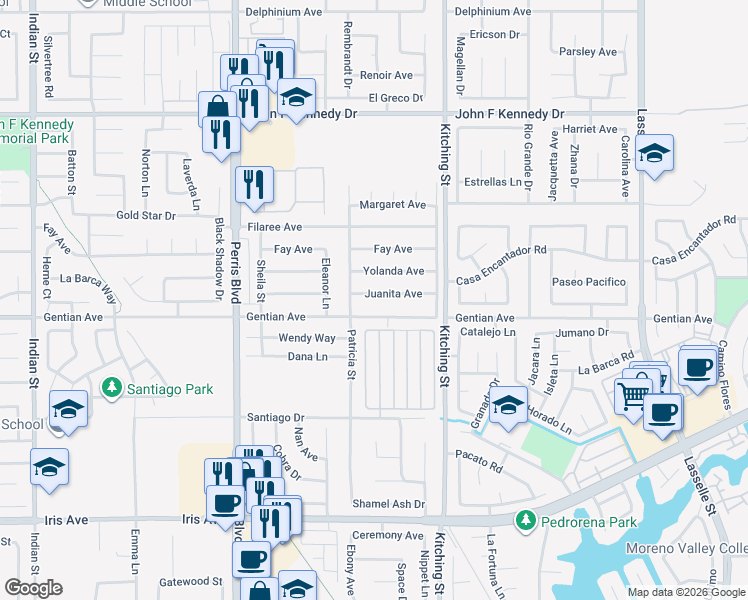 map of restaurants, bars, coffee shops, grocery stores, and more near 25339 Juanita Avenue in Moreno Valley