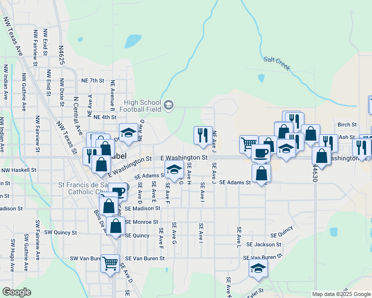 map of restaurants, bars, coffee shops, grocery stores, and more near 609 Southeast Washington Street in Idabel