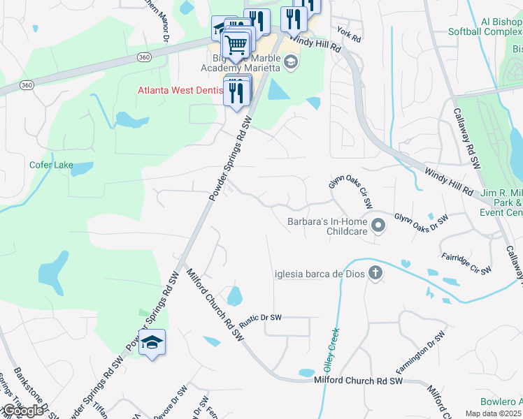 map of restaurants, bars, coffee shops, grocery stores, and more near 2385 Milford Farms Lane Southwest in Marietta