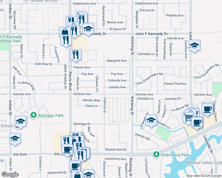 map of restaurants, bars, coffee shops, grocery stores, and more near 25339 Juanita Avenue in Moreno Valley
