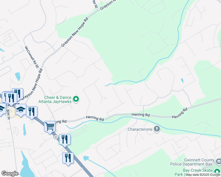 map of restaurants, bars, coffee shops, grocery stores, and more near 2241 Whetstone Drive in Grayson