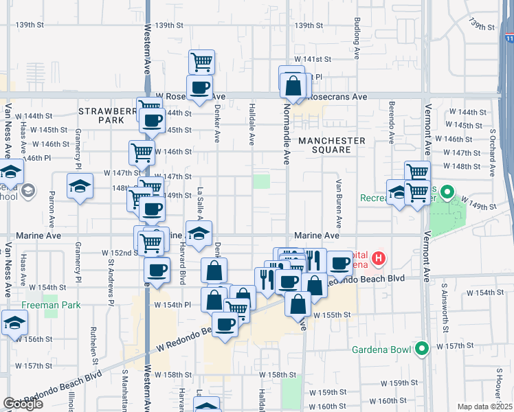 map of restaurants, bars, coffee shops, grocery stores, and more near 14912 Halldale Avenue in Gardena