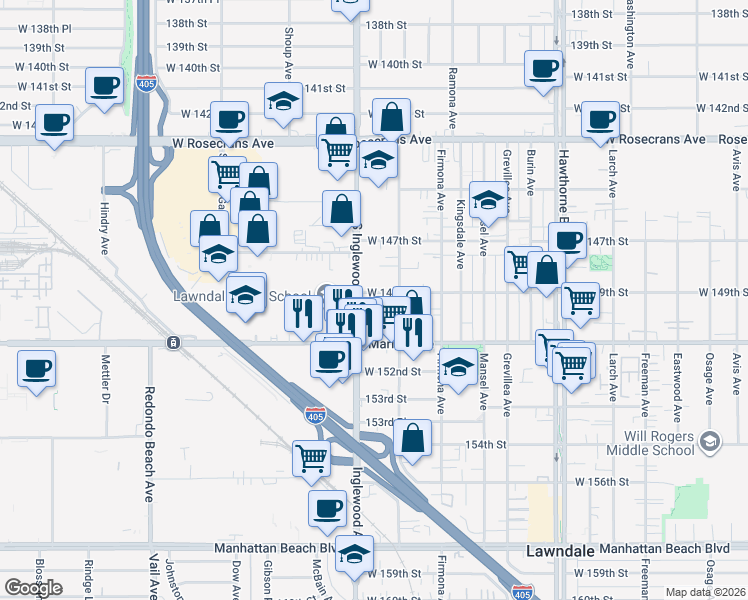 map of restaurants, bars, coffee shops, grocery stores, and more near 14928 Inglewood Avenue in Lawndale