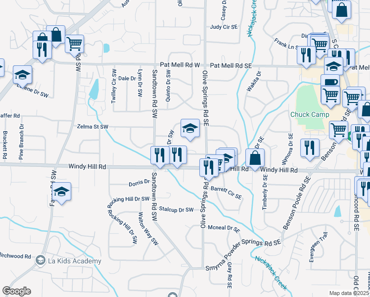 map of restaurants, bars, coffee shops, grocery stores, and more near 63 Larose Court Southeast in Marietta
