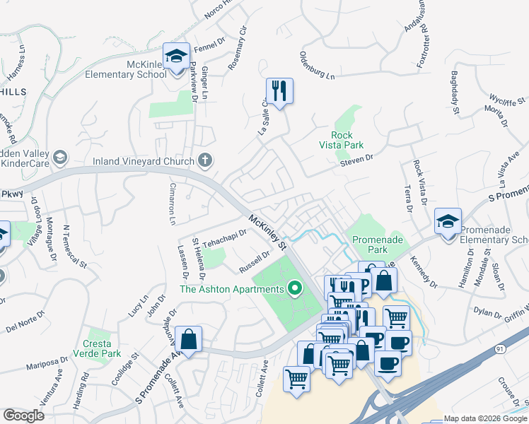 map of restaurants, bars, coffee shops, grocery stores, and more near 2230 Ascot Street in Corona