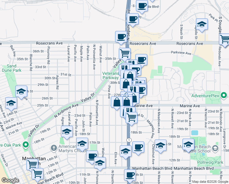 map of restaurants, bars, coffee shops, grocery stores, and more near 2711 Elm Avenue in Manhattan Beach