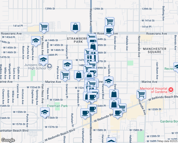 map of restaurants, bars, coffee shops, grocery stores, and more near 14901 South Western Avenue in Gardena