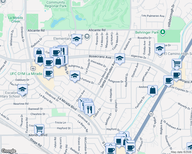 map of restaurants, bars, coffee shops, grocery stores, and more near 15565 La Fortuna Drive in La Mirada