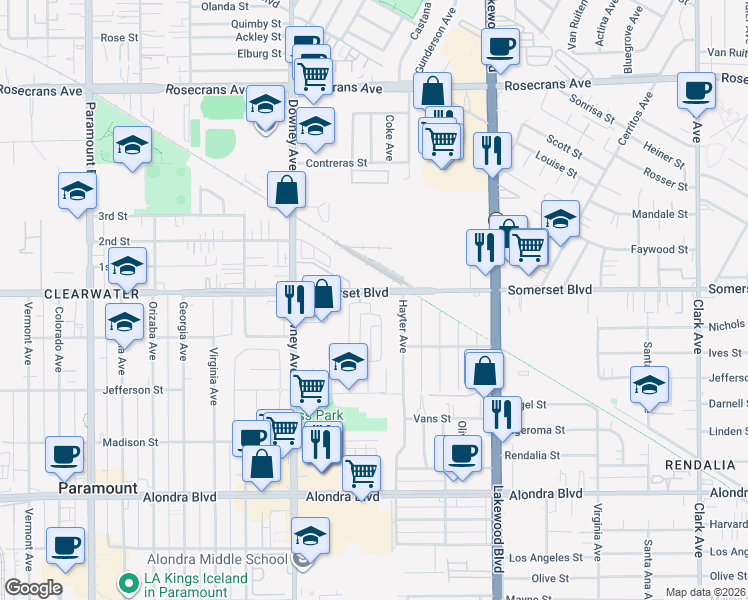 map of restaurants, bars, coffee shops, grocery stores, and more near 15132 Rancho Obispo Road in Paramount