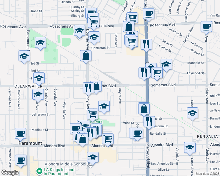 map of restaurants, bars, coffee shops, grocery stores, and more near 15132 Rancho Obispo Road in Paramount
