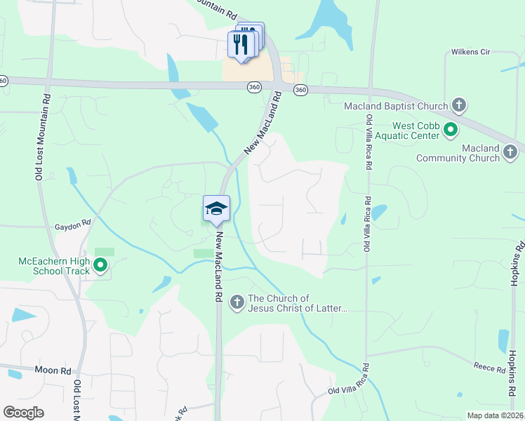 map of restaurants, bars, coffee shops, grocery stores, and more near 2441 Arapaho Way in Powder Springs