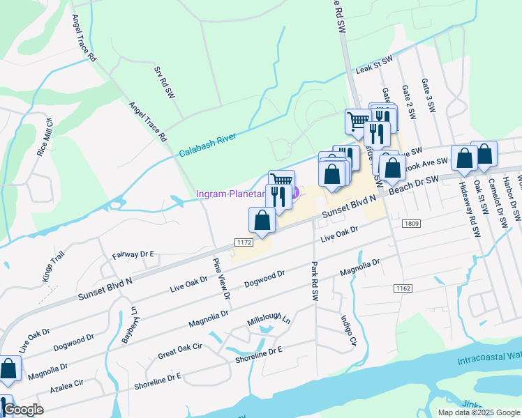 map of restaurants, bars, coffee shops, grocery stores, and more near 7825 High Market Street in Sunset Beach