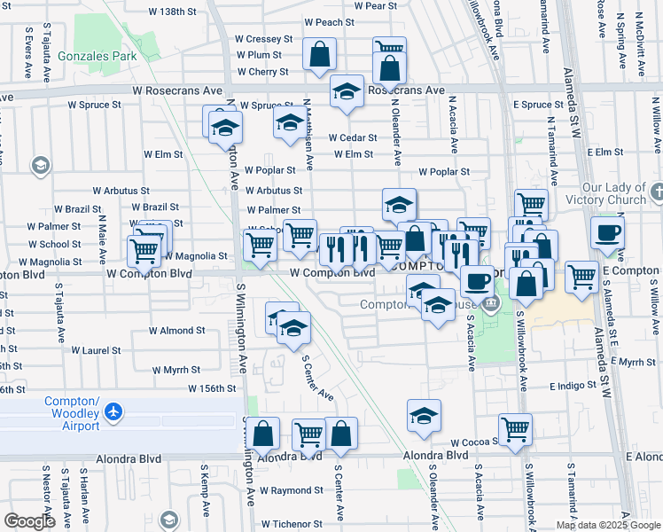 map of restaurants, bars, coffee shops, grocery stores, and more near 543 West Compton Boulevard in Compton