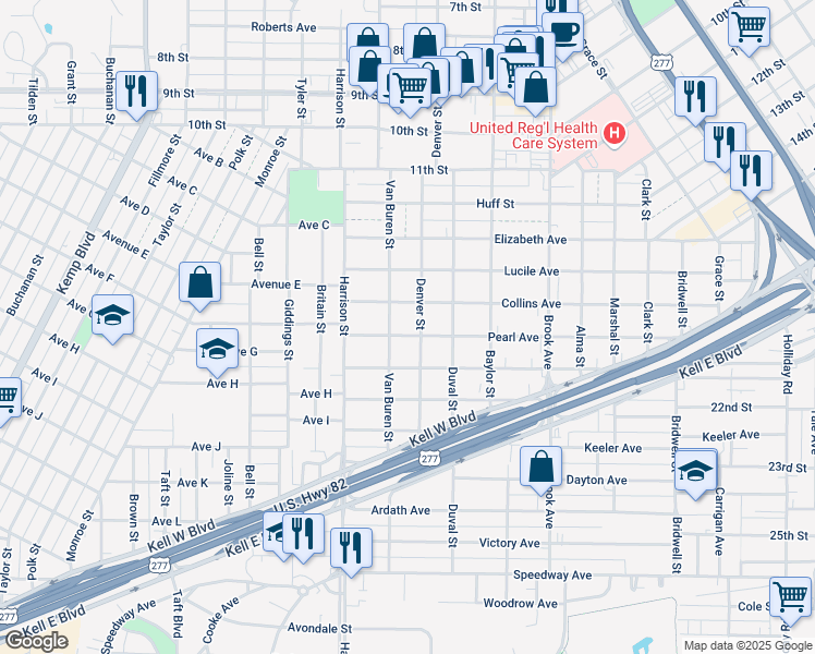 map of restaurants, bars, coffee shops, grocery stores, and more near 1907 Pearl Avenue in Wichita Falls