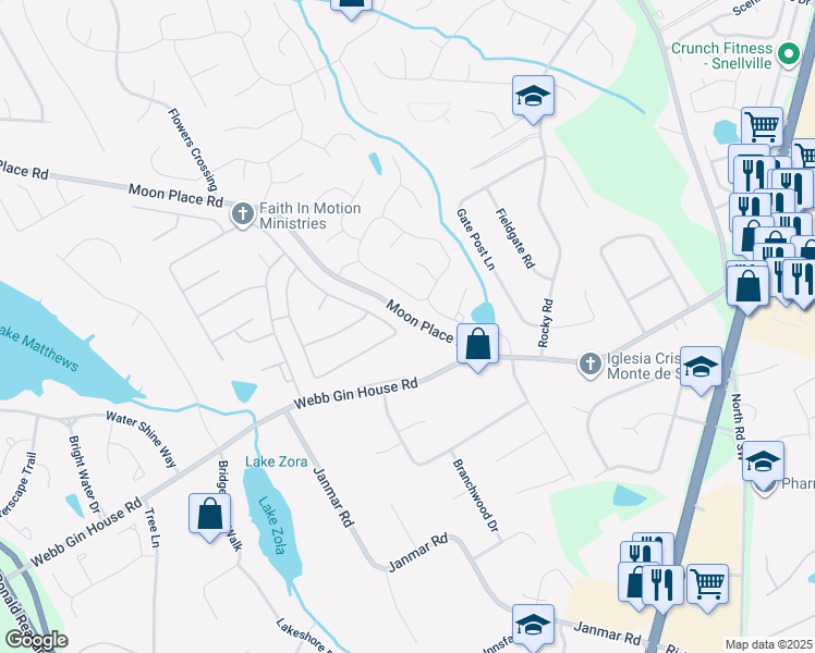 map of restaurants, bars, coffee shops, grocery stores, and more near 642 Grassmeade Way in Snellville