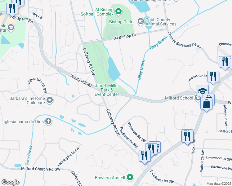 map of restaurants, bars, coffee shops, grocery stores, and more near Windy Hill Road in Marietta