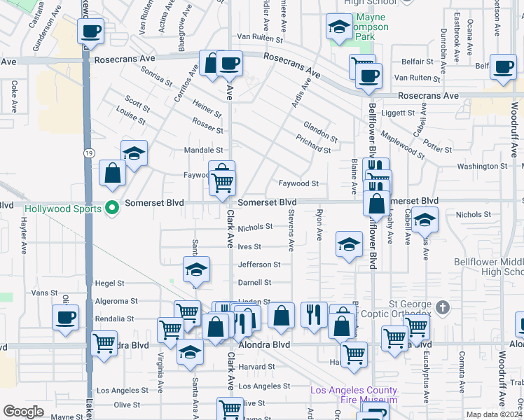 map of restaurants, bars, coffee shops, grocery stores, and more near 9452 Somerset Boulevard in Bellflower