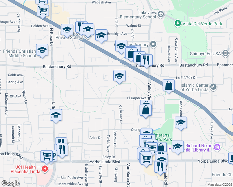 map of restaurants, bars, coffee shops, grocery stores, and more near 17272 El Cajon Avenue in Yorba Linda