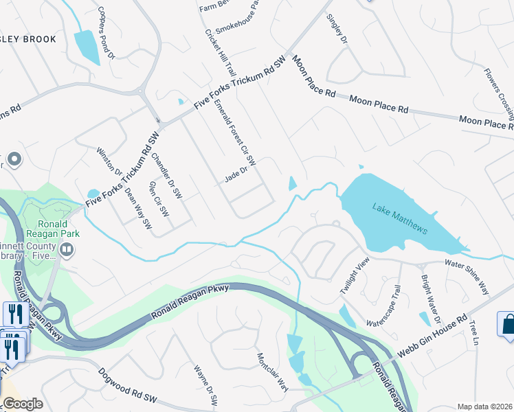 map of restaurants, bars, coffee shops, grocery stores, and more near 737 Emerald Forest Circle Southwest in Lawrenceville