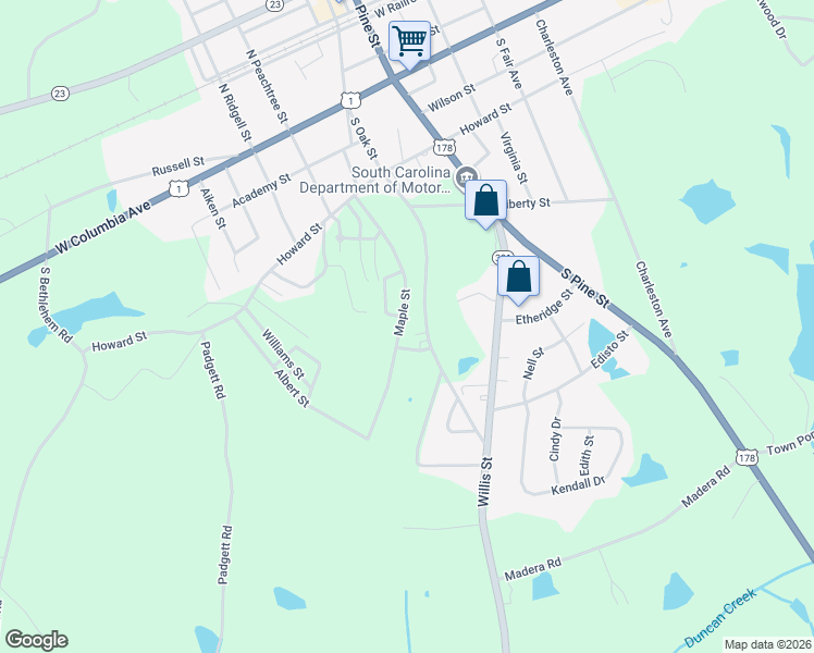 map of restaurants, bars, coffee shops, grocery stores, and more near 283 South Oak Street in Batesburg-Leesville