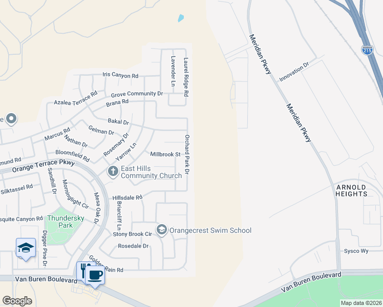 map of restaurants, bars, coffee shops, grocery stores, and more near 8572 Orchard Park Drive in Riverside