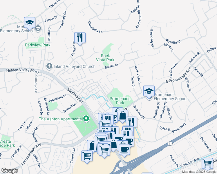 map of restaurants, bars, coffee shops, grocery stores, and more near 2341 Mary Helen Street in Corona