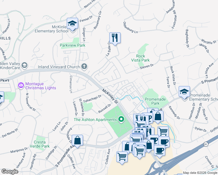 map of restaurants, bars, coffee shops, grocery stores, and more near 2230 Ascot Street in Corona