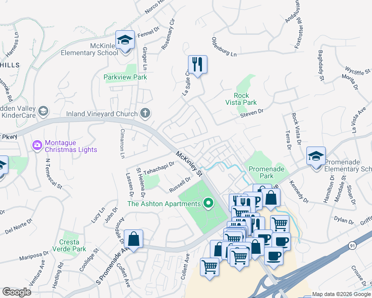 map of restaurants, bars, coffee shops, grocery stores, and more near 767 June Drive in Corona