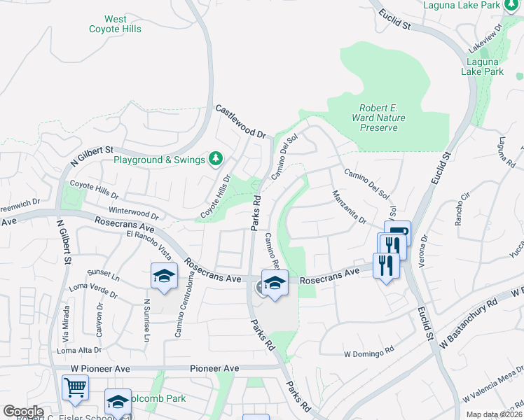 map of restaurants, bars, coffee shops, grocery stores, and more near 1801 Avenida San Lorenzo in Fullerton