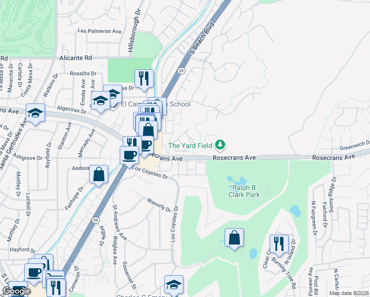 map of restaurants, bars, coffee shops, grocery stores, and more near 8534 Buena Tierra Place in Buena Park