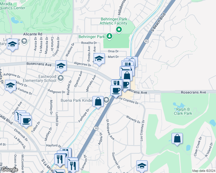 map of restaurants, bars, coffee shops, grocery stores, and more near 16124 Rosecrans Avenue in La Mirada