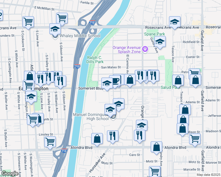 map of restaurants, bars, coffee shops, grocery stores, and more near 15125 San Jose Avenue in Paramount