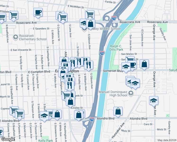 map of restaurants, bars, coffee shops, grocery stores, and more near 15127 South Gibson Avenue in Compton