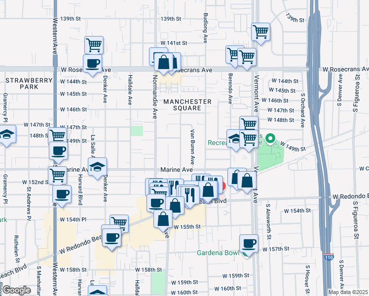 map of restaurants, bars, coffee shops, grocery stores, and more near 15003 Van Buren Avenue in Gardena