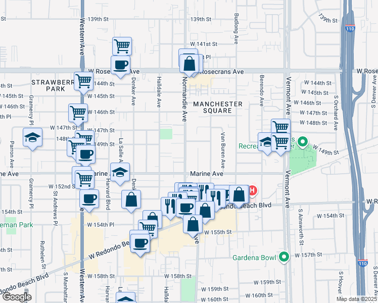 map of restaurants, bars, coffee shops, grocery stores, and more near 15005 Normandie Avenue in Gardena