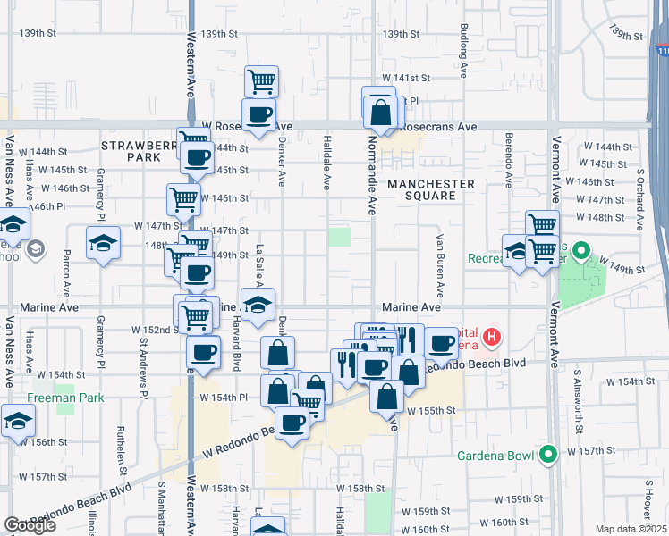 map of restaurants, bars, coffee shops, grocery stores, and more near 14912 Halldale Avenue in Gardena