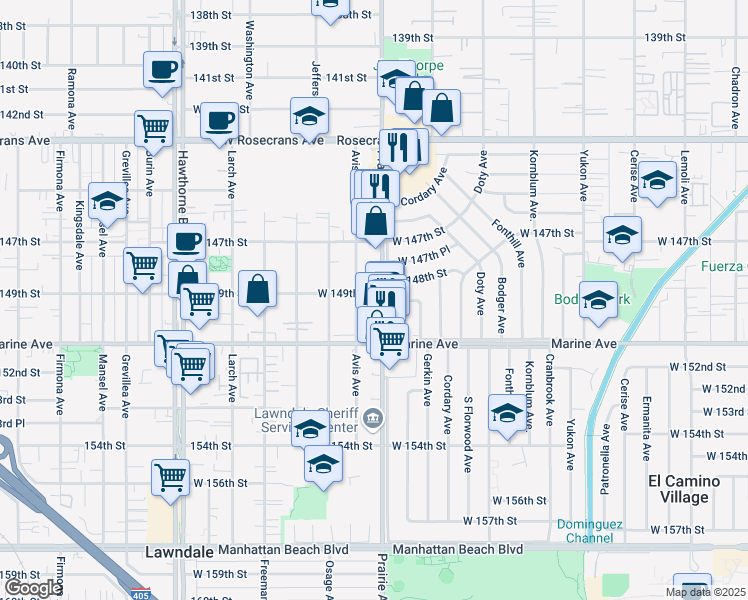 map of restaurants, bars, coffee shops, grocery stores, and more near 14979 Prairie Avenue in Lawndale