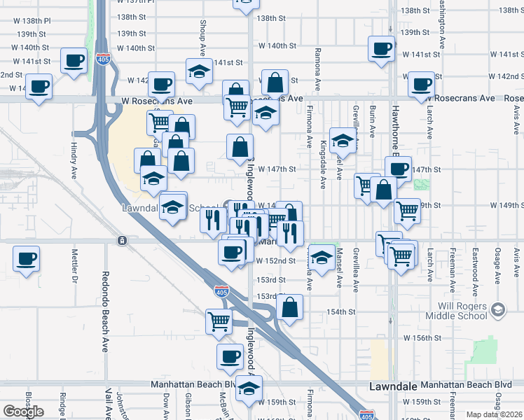 map of restaurants, bars, coffee shops, grocery stores, and more near 14928 Inglewood Avenue in Lawndale