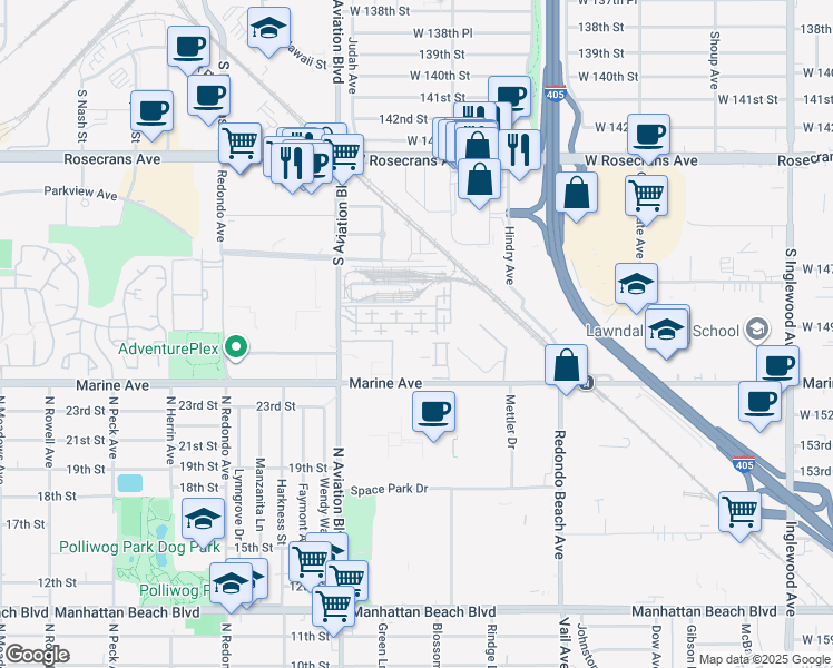 map of restaurants, bars, coffee shops, grocery stores, and more near 5439 Marine Avenue in Lawndale