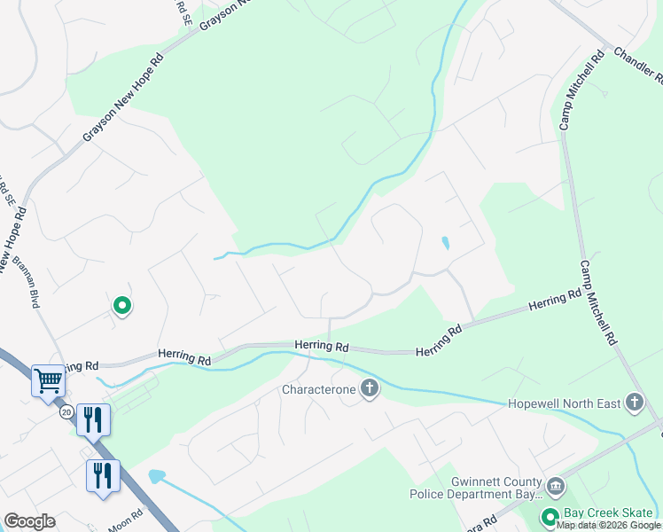 map of restaurants, bars, coffee shops, grocery stores, and more near 2500 Amberbrook Lane in Grayson