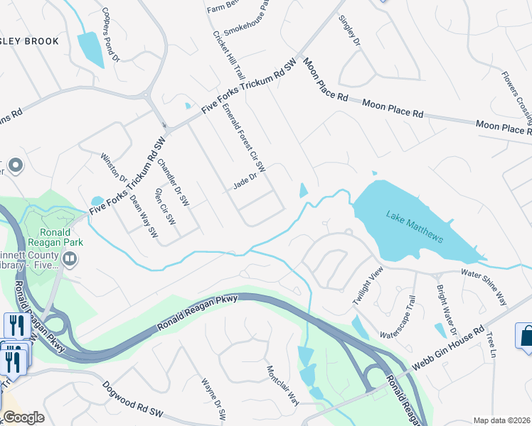 map of restaurants, bars, coffee shops, grocery stores, and more near 737 Emerald Forest Circle Southwest in Lawrenceville
