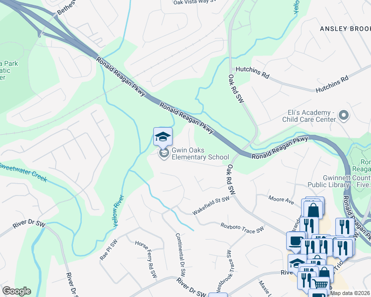 map of restaurants, bars, coffee shops, grocery stores, and more near 493 Comanche Trail in Lawrenceville