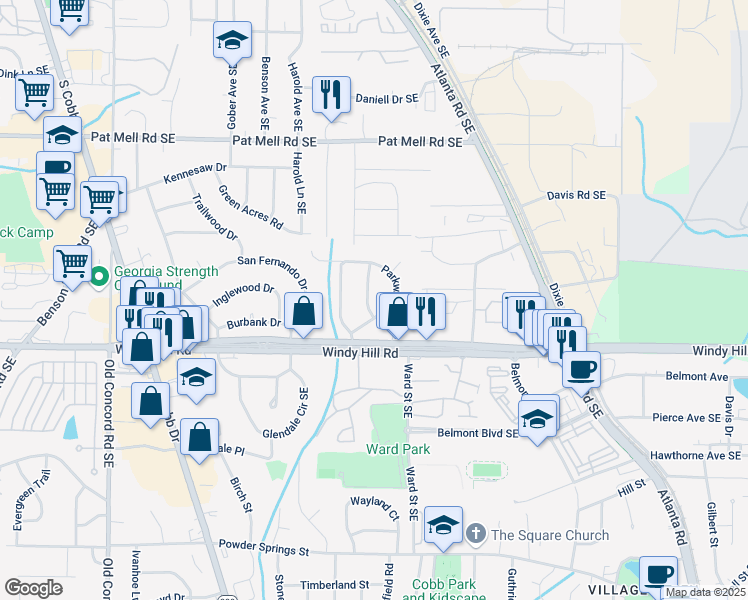 map of restaurants, bars, coffee shops, grocery stores, and more near 2331 Robin Lane Southeast in Smyrna
