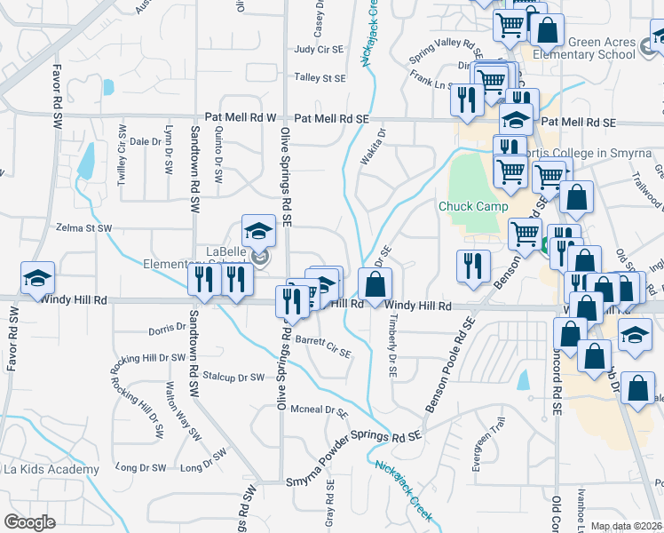 map of restaurants, bars, coffee shops, grocery stores, and more near 96 Larose Circle Southeast in Marietta
