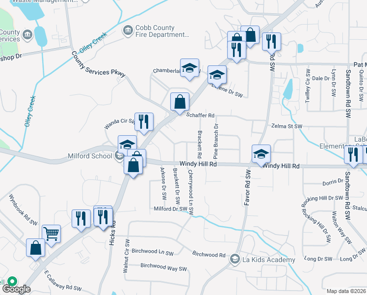 map of restaurants, bars, coffee shops, grocery stores, and more near 2381 Beverly Lane in Marietta