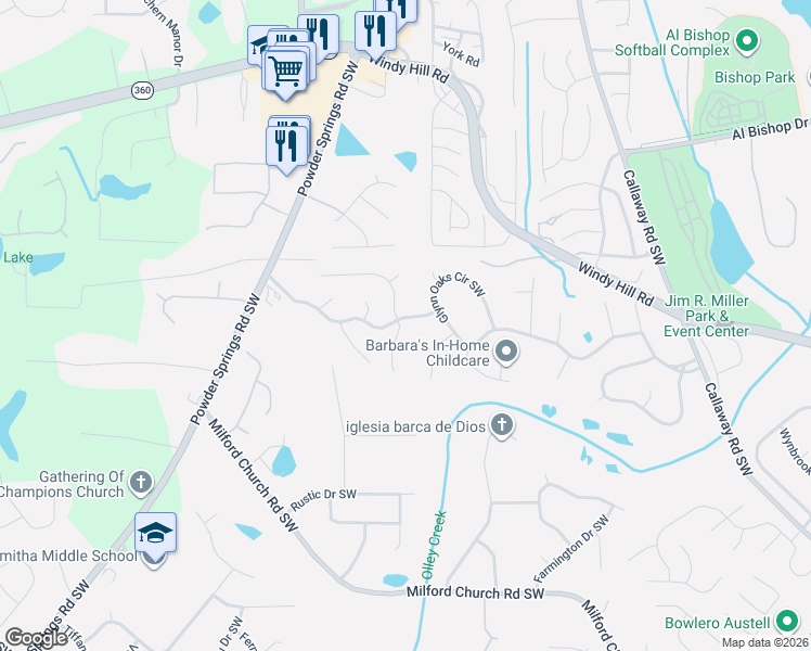 map of restaurants, bars, coffee shops, grocery stores, and more near 2394 Jack Creek Road Southwest in Marietta