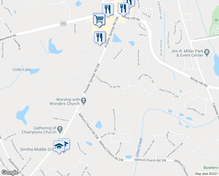 map of restaurants, bars, coffee shops, grocery stores, and more near 2385 Milford Farms Lane Southwest in Marietta